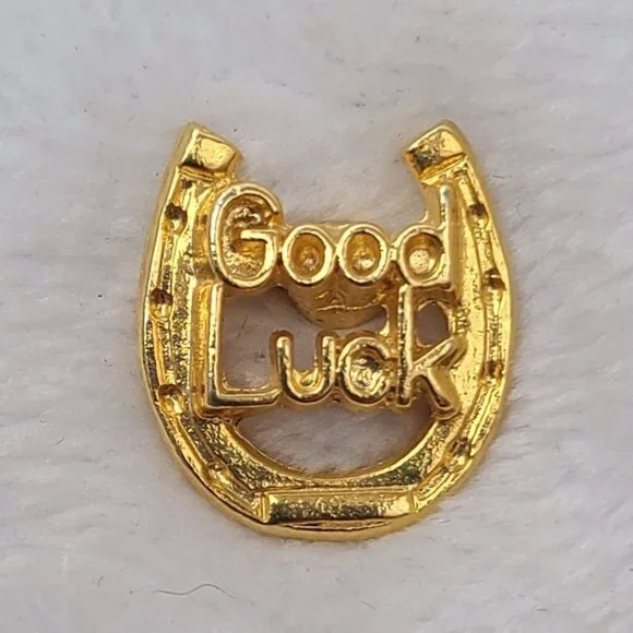 Good Luck Horseshoe Lapel Pin Gold Tone Vintage Charm Emblem Tie Tack - Picture 5 of 5